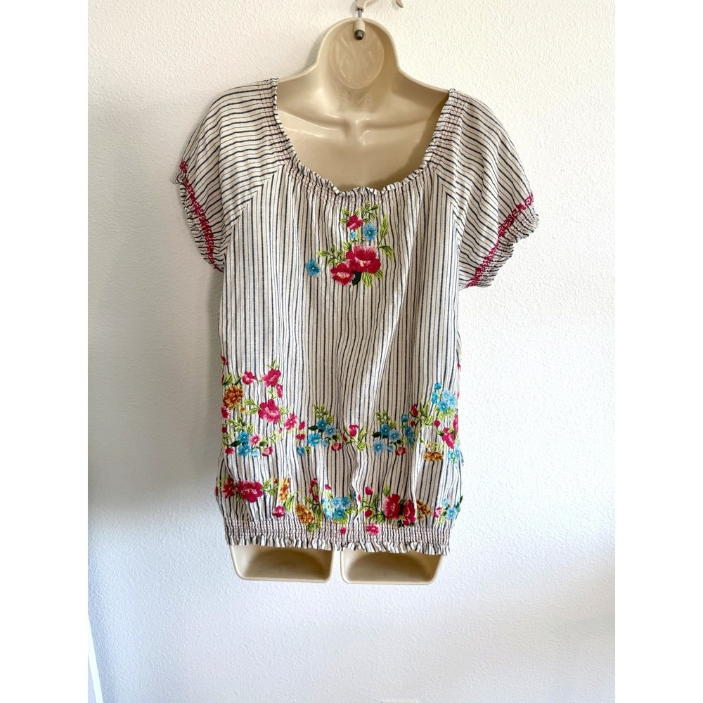 Johnny Was Embroidered Stripe Top S Puff Sleeve Smocked J3 Workshop Boho Cotton - Picture 10 of 12